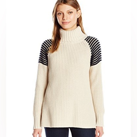 525 America Turtleneck Ottoman Shoulder Shaker Beige Nautical Sweater Womens SM - Picture 1 of 11
